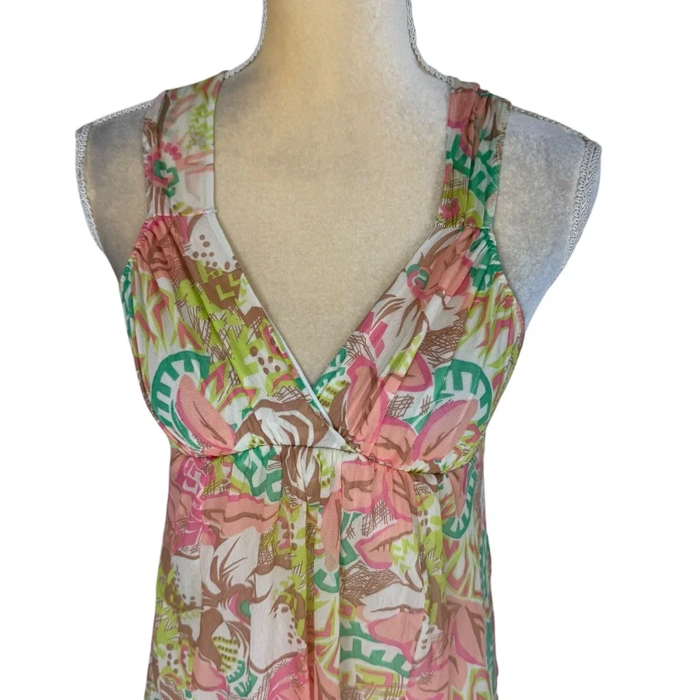On Gossamer Multicolor Sheer Crisscross Halter Floral Mini‎ Dress Empire Waist S